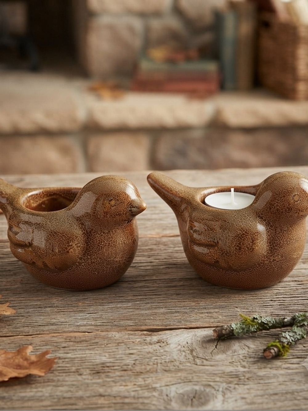 Vintage PartyLite Ceramic WoodlandBird Votive Candle Holder Pair (retired model)